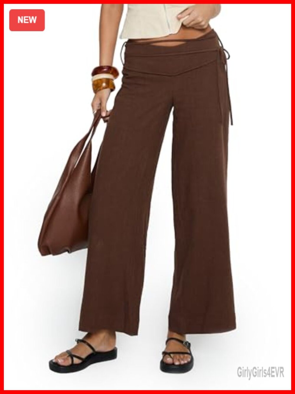 Linen Blend Tie Pants Mid-Rise Wide Leg Pull On Palazzo Trouser